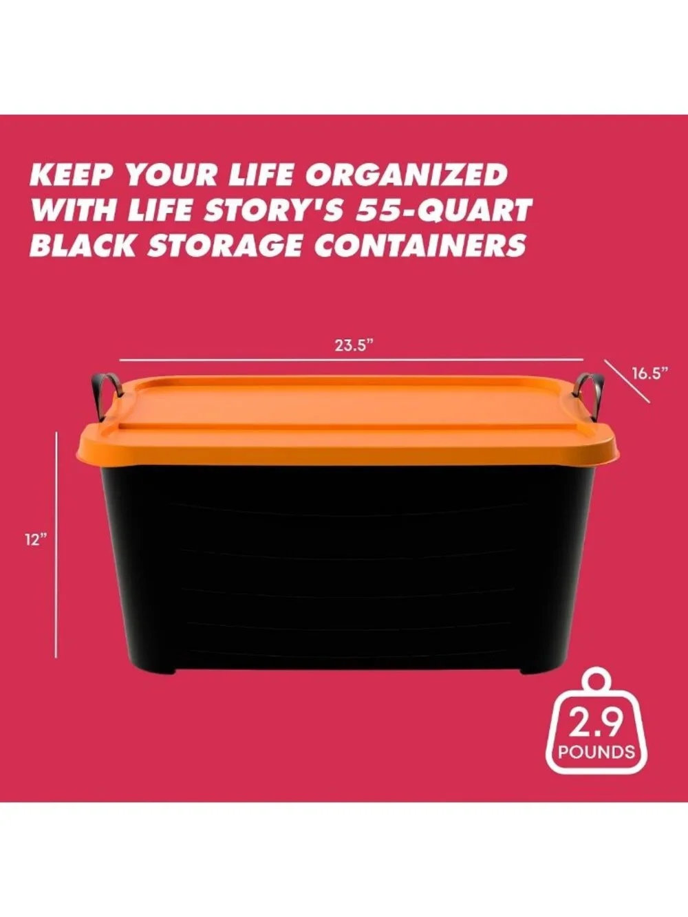 6 Pack Stackable Storage Bins, 55 Qt Home Organizer, Durable Black/Orange Set